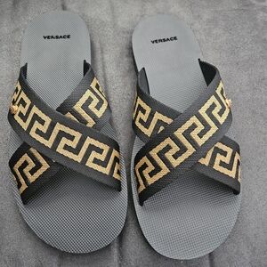 Versace Black & Gold Greek Key Slide Sandals